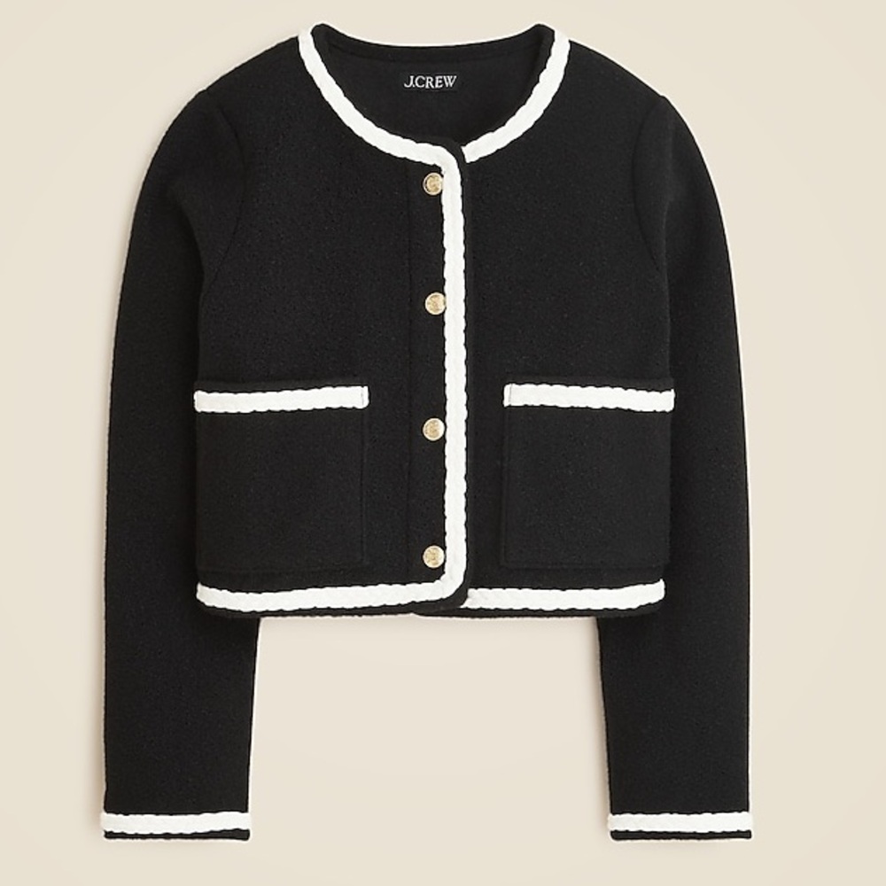 NEW! J. Crew Cropped bouclé yarn lady jacket Black White Size Large